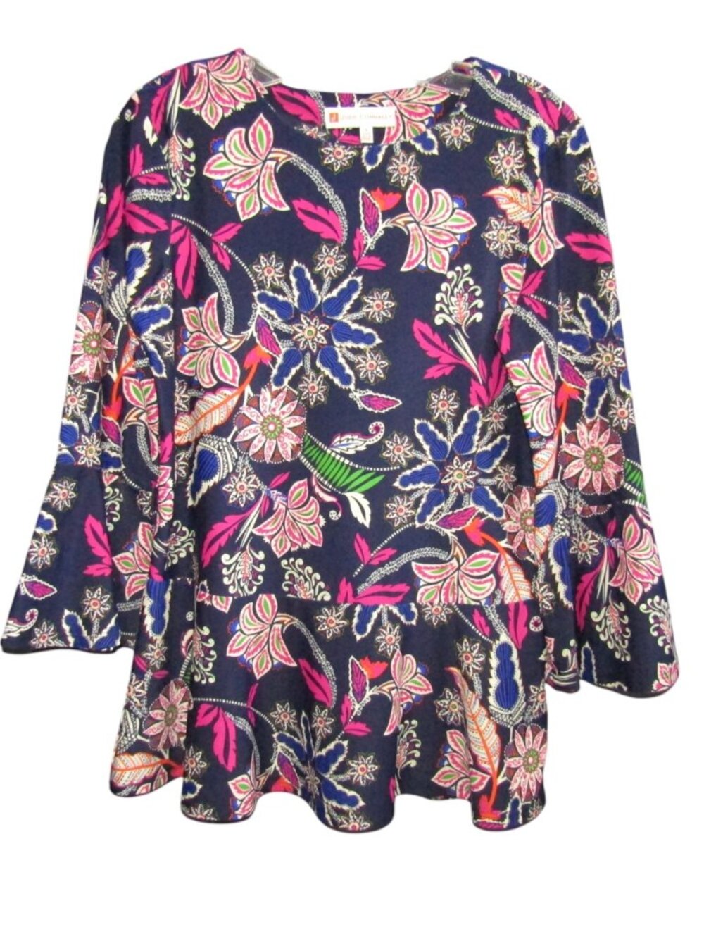 Jude Connally Floral Paisley Bell Sleeve Peplum Blouse Size S Navy Pink Stretch